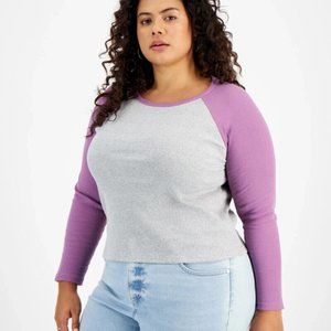 FULL CIRCLE TRENDS Trendy Plus Size Raglan-sleeve Colorblocked Top In Lavender